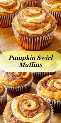 pumpkin swirl muffins on a cutting board with cinnamon rolls in the background and text overlay