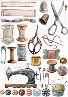 watercolor and ink drawings of various sewing items including scissors, thread, spools