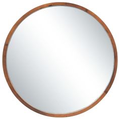 a round mirror with wood trim around the edges and an oval frame, on a white background