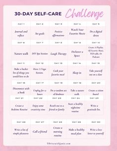 the 30 day self care challenge is shown in pink and white, with text overlaying it