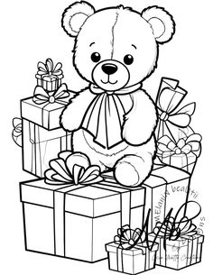 a teddy bear sitting on top of presents