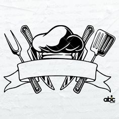 a black and white drawing of cooking utensils with a ribbon around the corner