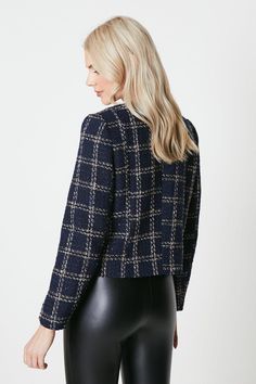 This jacket features a timeless tweed check pattern and a collarless design, adding a touch of sophistication to any outfit. The gold buttons add a luxurious and elegant touch, making this jacket a standout piece. Midi Dress Fall, Loafer Slippers, Coat Outfits, Going Out Dresses, Swimwear Sale, Boots For Sale, The Gold, Jacket Sale, Check Pattern