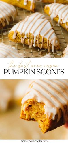 pumpkin scones with white icing on top and in the background, there is a bite taken out of one