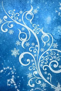 a blue background with white swirls and snowflakes