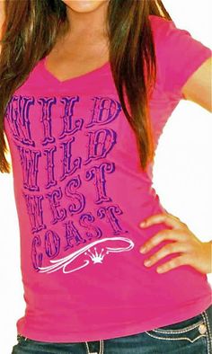 Dirtee Hollywood Clothing T-Shirt Wild Wild West Coast Tee Pink V-neck T-shirt With Letter Print, Trendy Short Sleeve Top With Lettering, Graphic Tee With Lettering And Short Sleeves, Short Sleeve Graphic Tee With Lettering, Pink Cotton Tops With Lettering, Relaxed Fit Pink Top With Lettering, Casual V-neck Pre-shrunk Tops, Pink Cotton T-shirt With Lettering, Wild Wild West