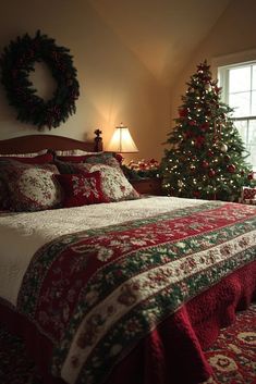 a bedroom decorated for christmas with a large bed and tree in the corner next to it