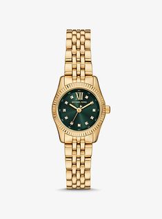 The Lexington watch exudes everyday glamour with its gold hue and sparkling pavé accents at the hour markers. Made entirely of stainless steel, this mini timepiece boasts an emerald-green face with a beveled topring and a matching bracelet strap. Slip it on to give both day and night outfits a dose of sophisticated charm. Kohl’s Ladies Watches Gold, Michael Kors Luxury Gold Diamond Watch, Michael Kors Pave Watch, Ladies Watches Luxury Michael Kors, Womens Watches Luxury Michael Kors, Mikel Kors Watch, Mk Watch Women Gold, Women’s Watch, Gold Watches Women