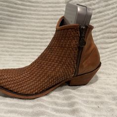 Gently Used, Ready To Rotate Out Fall Boots With Woven Leather And Round Toe, Fall Woven Leather Boots With Round Toe, Fall Boots With Woven Leather, Fitted Leather Booties With Closed Toe, Leather Sole Closed Toe Booties, Leather Sole Closed Toe Booties Medium Width, Leather Booties With Stacked Heel And Snip Toe, Western Booties With Round Toe And Leather Sole, Brown Woven Leather Boots With Round Toe