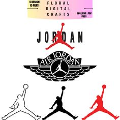 the jordan logo is shown in three different colors and sizes, including red, black, white