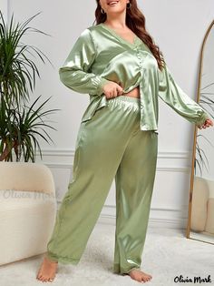 Olivia Mark - Plus Size Elegant Pajamas Set, Women's Plus Solid Satin Contrast Lace Long Sleeve Shirt & Pants Comfort Loungewear 2pcs Set Green Long Sleeve Pant Set For Loungewear, Green Sleepwear Sets With Long Pants, Green V-neck Loungewear Set, Green Pajama Party Sets With Long Pants, Elegant Pajamas, Lace Long Sleeve Shirt, Plus Size Elegant, Solid Green, Lace Long Sleeve