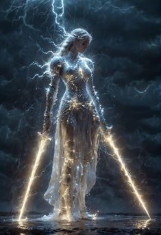 a woman standing in the water surrounded by lightning