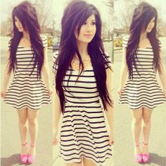 Stripe dress. Spring. Summer. Emo Haircuts, Shaggy Long Hair, Haircuts For Long Hair With Layers, Long Hair With Bangs, Long Hair Cuts, Layered Hair, Hair Day, Hair Lengths