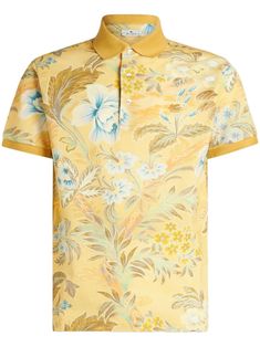 yellow/multicolour cotton all-over floral print signature Pegaso motif polo collar front button placket short sleeves straight hem Polo Golf, Cotton Polo Shirt, Cotton Polo, Polo Collar, Button Placket, Printed Cotton, Top Brands, Polo Shirt, Floral Print