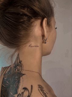 tattoo karma Danty Neck Tattoos, Faint Neck Tattoo, Small Tattoo Neck Woman, Small Word Neck Tattoos For Women, Small Letter Tattoo Behind Ear, Women’s Word Neck Tattoo, Karma Neck Tattoo, Divine Neck Tattoo, Neck Script Tattoo Inspiration