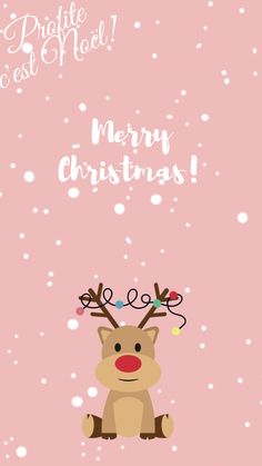 a pink christmas card with a reindeer on it's face and the words merry christmas written