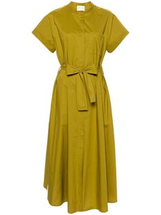 Olive oil green cotton shirtdress from Forte Forte, with crew neck, full-length front buttons, matching belt with side loops. Green Cotton Midi Dress For Work, Green Belted Shirt Dress For Work, Green Cotton Shirt Dress For Daywear, Green Belted Shirt Dress For Daywear, Green Shirt Dress For Daywear, Green Belted Cotton Dress, Green Tie Waist Midi Dress For Work, Green Midi Dress With Tie Waist For Work, Band Collar Shirt