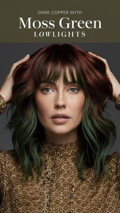 Add an earthy, bold twist to your dark copper hair with moss green lowlights for a unique, sophisticated look. Visit our page for tips on achieving this striking color combination. Save this pin for lowlight inspiration! #DarkCopperMossGreenLowlights #HairColor #EarthyLook Bold Natural Hair Color, Dark Moss Green Hair, Brown To Green Hair, Naturally Curly Hair Color Ideas, Colored Extensions Ideas, Copper And Green Hair, Phantom Green Hair, Copper Split Dye, Shades Of Black Hair Color