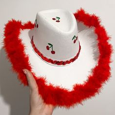 Cherry Cowboy Hat, Red Cowgirl Costume, Custom Cowboy Hats Handmade, What To Wear To A Harry Styles Concert, Harry Styles Concert Outfit Inspo, Harry Styles Outfits Inspiration Concert, Harry Styles Outfits Inspiration, Glitter Cherries, Cute Cowboy Hat