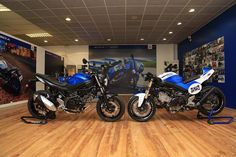 three motorcycles are parked in a showroom with wood flooring and blue wallpaper