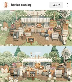 two pictures of an outdoor market with various items