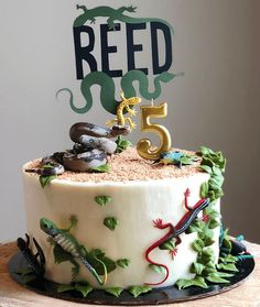 a birthday cake decorated with lizards and the number five is for reed's 5th birthday