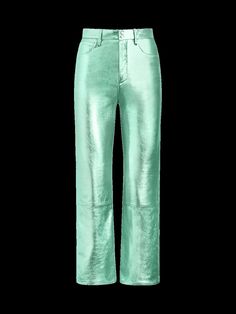 Constructed from shimmering Italian metallic leather in surf green. Fully lined with soft poly dyed satin. Five-pocket style. Belt loops around the waist. Zip fly and snap closure.This silhouette was developed to be a high-waisted, straight-leg fit that hugs in all the right places. Made for dancing all night, these are the disco pants of your dreams. Chic Metallic Straight Leg Leather Pants, Fitted Green Leather Straight Leg Pants, Trendy Green Straight Leg Leather Pants, Disco Pants, Metallic Leather, Snap Closure, Timeless Fashion, Dancing, Surfing