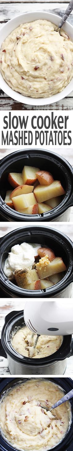 the instructions for how to make slow cooker mashed potatoes are shown in pictures