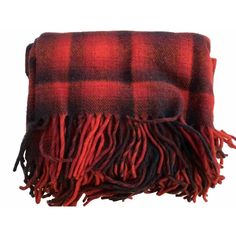 a red and black plaid blanket with fringes