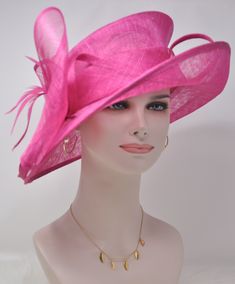 Elegant Pink Mini Hat With High Crown, Pink Formal Costume Hat With Curved Brim, Elegant Pink Brimmed Costume Hats And Headpieces, Elegant Pink Top Hat For Church, Elegant Pink High Crown Hat, Elegant Pink Cloche Mini Hat, Elegant Pink Hat With Pinched Crown, Elegant Pink Brimmed Costume Hats, Elegant Pink Sinamay Mini Hat