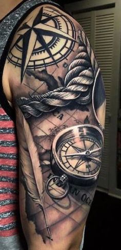 a man's arm with a compass and other items on it