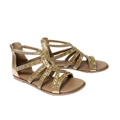 Make your feet a work of art with the Millie platinum embellishment flat sandal! This unique sandal features eye-catching embellishments that will add a pop of style to any outfit. Step out in comfort and confidence with these one-of-a-kind sandals. Features: Embellishment hand-beaded by the artisans All-day wear Cushioned Footbed Zip at the back for the comfortable wear Composition: Upper - 80% Textile & 20% Leather Lining - 100% Leather Sock - 100% Leather Outsole - 100% Rubber Gold Flats For Summer Parties, Gold Open Toe Flats For Beach, Elegant Embellished Flats For Summer, Elegant Embellished Summer Flats, Gold Sandals With Rhinestones And Flat Heel, Gold Flat Heel Sandals With Rhinestones, Glamorous Embellished Open Toe Sandals, Gold Open Toe Flats For Party, Embellished Round Toe Flats For Summer