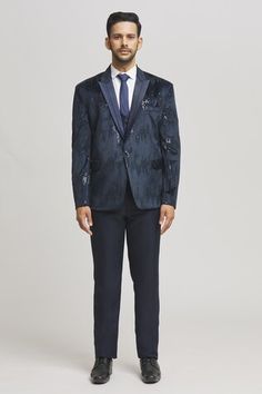 Blue tuxedo jacket with sequin embellished patterns. Comes with inner shirt, waistcoat, pant and tie. - Aza Fashions Formal Blue Embellished Sets, Blue Embellished Formal Sets, Blue Slim Fit Party Sets, Blue Tuxedo Jacket, Blue Tuxedo, Velvet Tuxedo, Blue Tuxedos, Tuxedo Pants, Tuxedo Jacket