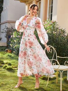 SHEIN Allover Floral Print Lantern Sleeve Organza Dress Organza Maxi Dress Floral Prints, Organza Dress Frocks, Long Floral Dress With Sleeves, Silk Organza Dress Gowns, Organza A Line Kurti, Printed Organza Frock Design, Floral Print One Piece Dress, Organza Floral Anarkali Dress, Organza A Line Dress