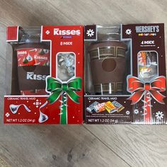 two boxes of hershey's chocolates with bows on the front and back