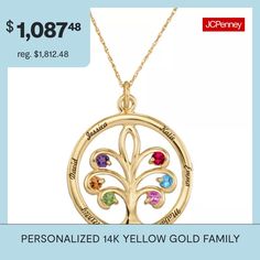 Keep your family near your heart when you sport this necklace personalized with the names and birthstones of all your loved ones. Fashioned in a tree silhouette, this cutout pendant is made of 14K yellow gold. Made in America.Stone: 2.5mm round lab-created gemstonesGemstones may be treated and may require special care.Care: Wipe CleanJewelry photos are enlarged to show detail.Personalize with up to 4 names, 7 characters each name in script font.Choose up to 4 birthstones. Use the letter keys be… Personalized 14k Gold Birthstone Necklace, 14k Gold Personalized Birthstone Necklace, Keepsake Yellow Gold Name Jewelry, Care Care, Tree Silhouette, Birthstone Pendant, Necklace Personalized, Script Font, Made In America