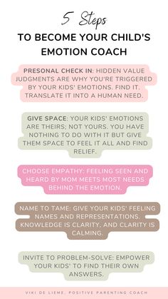 the 5 steps to become your child's emotion coach info sheet with text overlay