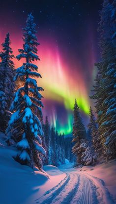 an aurora bore is seen in the night sky above snow covered trees and evergreens