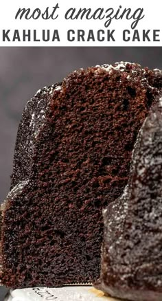 a close up of a slice of chocolate cake with the text overlay above it