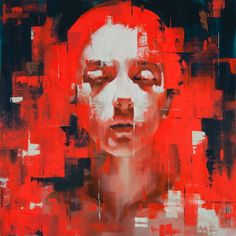 an abstract painting of a woman's face with red and black squares around her