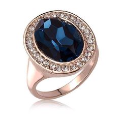 Feshionn IOBI Rings 6 "Rhapsody in Blue" Classic Oval Sapphire Blue and Diamond Austrian Crystal Halo Cocktail Ring Vintage Sapphire Ring, Rhapsody In Blue, A Night At The Opera, Statement Rings Diamond, Wedding Blue, Gold Statement Ring, Blue Zircon, Cz Diamond, Sapphire Blue