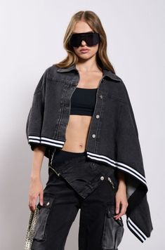 NATALYA DENIM CAPE in black/white Trendy Washed Black Cotton Outerwear, Spring Cotton Outerwear In Washed Black, Dark Wash Cotton Denim Top For Streetwear, Trendy Washed Black Cotton Denim Jacket, Sporty Long Sleeve Denim Jacket, Sporty Cotton Denim Jacket For Streetwear, Sporty Washed Black Outerwear For Fall, Trendy Dark Wash Collared Outerwear, Sporty Washed Black Cotton Outerwear