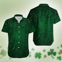 Saint Patrick's Day Doodle Pattern Hawaiian Shirt All of our Hawaiian Shirt   are custom-made-to-order and handcrafted to the highest quality standards. Each shirt is constructed from a premium polyester blend that is ultra-soft and incredibly comfortable. This shirt has some great features, four-way stretch, short sleeve, lapel collar, button closure. Extremely soft to the touch, durable and breathable. Features a specialty high definition heat-dye application that ensures long lasting color vi Casual Green Printed Sublimation Design, Green Fitted Shirt With Sublimation Print, Fitted Green Shirt With Sublimation Print, Fitted Green Top With Custom Print, Green Short Sleeve Shirt With Sublimation Print, Shirt And Shorts Set, Tropical Vacations, Casual Dating, Shirt And Shorts