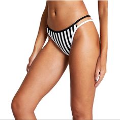 River Island High Leg Stripe Bikini Bottom Size: 8 Color: Black, White, Gold Bold, Shimmering Stripes Enliven These High-Cut Swim Bottoms Designed With Dual Skin-Showing Side Straps. High Cut Striped Design Good Detail In Between Black And White Stripes New With Tags "Nwt" Chic Beach Swimwear Briefs, Trendy White Bottoms For Poolside, Chic Striped Stretch Swimwear, Trendy White Swimming Bottoms, Black And White Stripes, Black White Gold, Swim Suit Bottoms, Swim Bottoms, High Leg