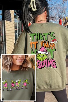 Make a humorous statement this festive season with this 'That's It, I'm Not Going' Grinch Christmas unisex fleece sweatshirt. This cozy sweatshirt captures the holiday mood for those who prefer to keep things low-key. Featuring the beloved Grinch character in bold colors, this design is perfect for holiday enthusiasts with a side of sass. The 50% cotton and 50% polyester fabric blend ensures a comfortable and warm fit, suitable for all genders. Crafted with care in Nicaragua, the high-quality gr Funny Graphic Print Sweatshirt For Winter, Funny Winter Sweatshirt With Letter Print, Funny Winter Top With Text, Winter Funny Style Top With Text, Funny Print Sweatshirt For Winter, Winter Funny Text Top, Funny Print Winter Sweatshirt, Green Text Print Sweatshirt For Winter, Green Winter Sweatshirt With Text Print