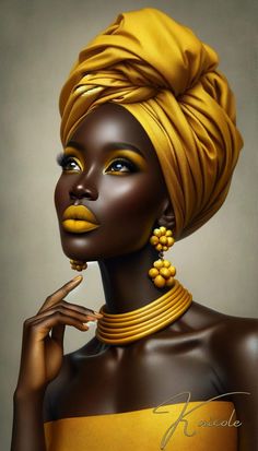 an african woman with yellow makeup and gold jewelry on her head, wearing a turban