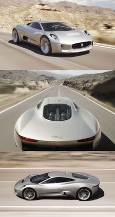 three different views of a silver sports car