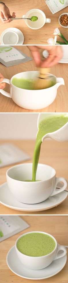 there are three pictures showing the process of making soup in white bowls with green liquid being poured into them