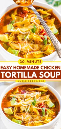 easy homemade chicken tortilla soup in a white bowl