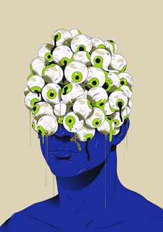 a man with green eyes and white flowers on his head is depicted in the image